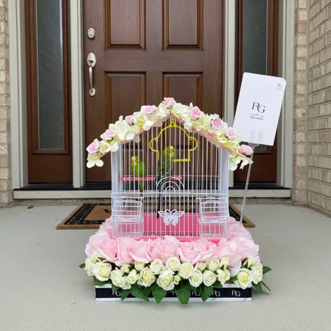 زوجين من طيور البادجي مع قفص مزين بورود صناعية ملونة رقم.14340