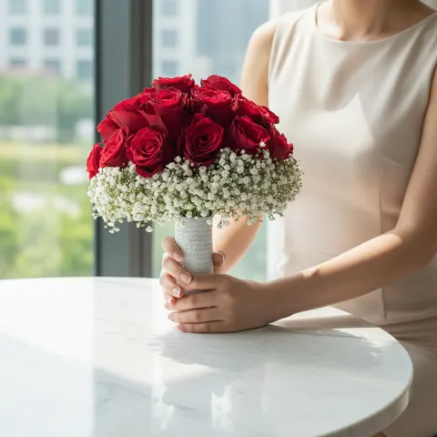 مسكة عروس بورود جوري حمراء مزينة بورود جبسوفيليا ناعمة رقم464