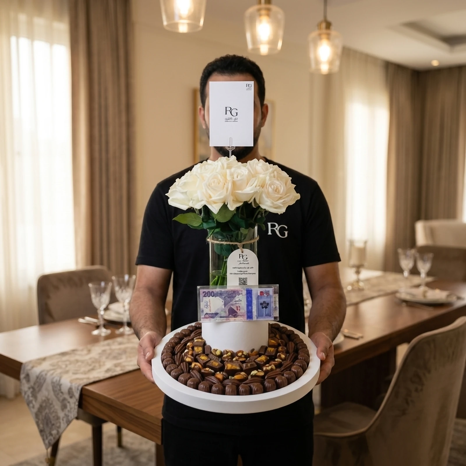 فازة ورد مع فلوس وشوكولاته رقم.19036