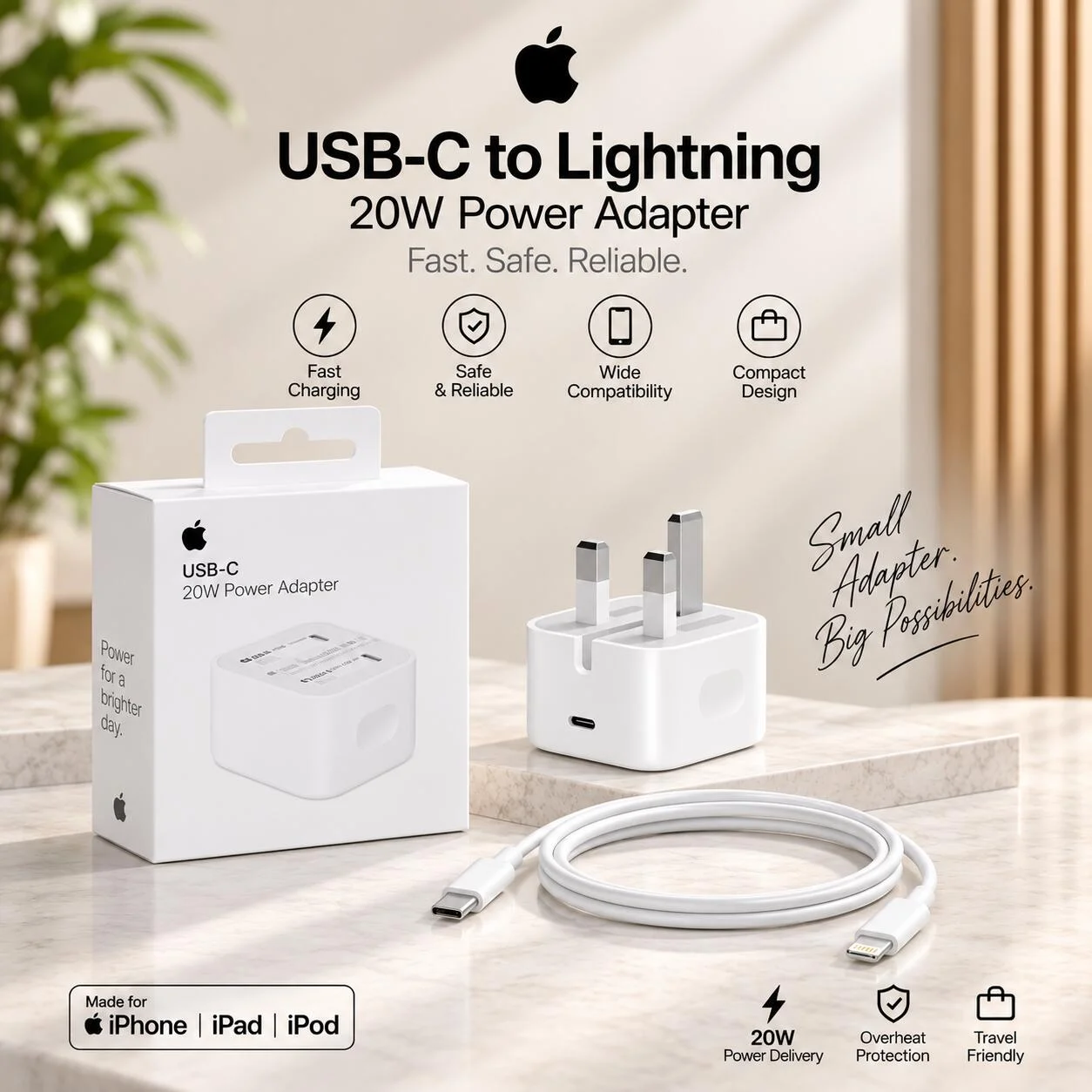 محول طاقة Apple USB-C بقوة 20 واط مع كابل USB-C إلى Lightning بطول 2 متر رقم.29622
