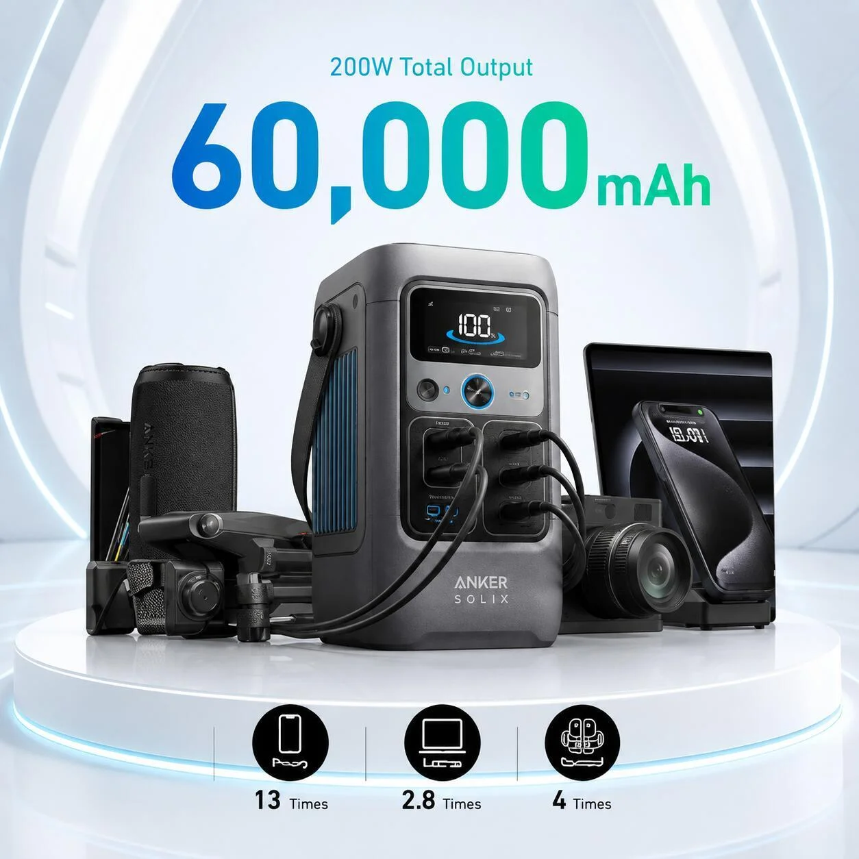 محطة طاقة Anker SOLIX C200 DC بسعة 60,000 مللي أمبير ساعة وقوة 200 واط و5 منافذ - A17270Z1 رقم.27643