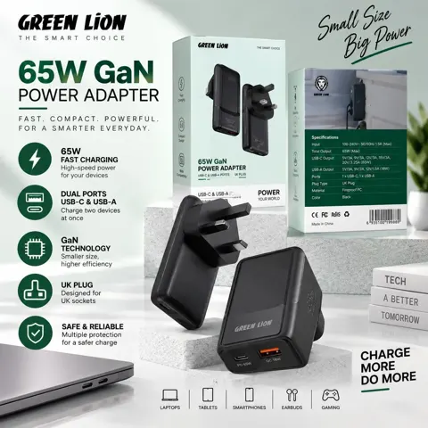 محول Gan من Green Lion بقوة 65 واط، منافذ USB-A من النوع C، قابس المملكة المتحدة رقم.28894